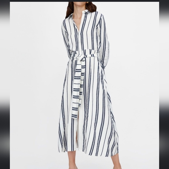 Zara Dresses & Skirts - NWT Zara woman gray and white striped shirt dress Size large